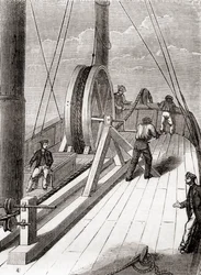 Het afwikkelen van de Dover naar Calais onderzeese kabel aan boord van de Blazer, 25 december 1851, uit Les Merveilles de la Science, gepubliceerd ca.1870 (gravure)