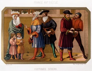 Verschillende kostuums van de bourgeoisie in de 16e eeuw - chromo. 19e eeuw gebaseerd op periode document