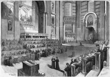 Eerste Vaticaans Concilie (1869-1870): Eerste bijeenkomst gehouden op 9 december 1869 in het rechterdeel van het transept van de Sint-Pieterskerk in Rome. Gravure in 