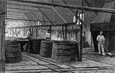 Vaten van de Suffrice-fabriek die de Seine afschuimen. Gravure in 