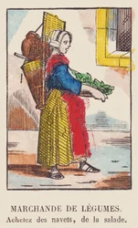 Groenteverkoper. Koop rapen, salade, rond 1819 (print)