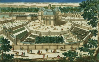Zicht en Perspectief van de Salon de la Menagerie in Versailles, gegraveerd door Antoine Aveline