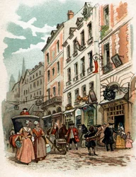 Straatbeeld van Parijs onder het bewind van koning Lodewijk XV, begin 18e eeuw (Chromolithografie uit het einde van de 19e eeuw)