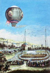 Uitzicht op de Brolteaux in Lyon en de derde vlucht van de Montgolfier heteluchtballon op 10 januari 1784