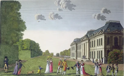 Uitzicht op het kasteel van Bellevue vanuit de tuin, c.1820 (kleurgravure)