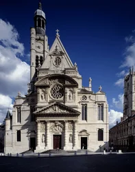 Zicht op de gevel van de kerk van Saint-Etienne du Mont, Place Sainte-Genevieve (Saint Etienne du mont) in Parijs in het 5e arrondissement (hetzelfde als Leemage agency)