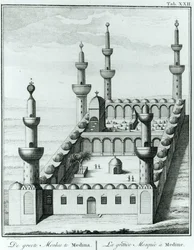 Zicht op de Grote Moskee in Medina voor de ontheiliging van de graven door de Wahhabi-sekte, uit Beschrijving van Arabië door Carsten Niebuhr (1733-1815) gepubliceerd 1774