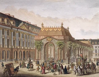 Zicht op de Place de Louis le Grand, met een van de kamers gebouwd voor de gelegenheid van het huwelijk van Monseigneur le Dauphin (detail) (kleurgravure)