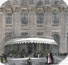 Zicht op het café de la Rotonde in het Palais-Royal in Parijs rond 1860 (gekleurde gravure)