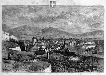 Uitzicht op de stad Chambery in Savoye. Gravure uit 1880 in "La republique illustree" privécollectie.