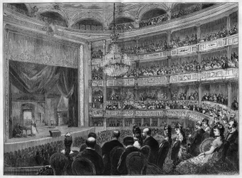 Uitzicht op de theaterzaal van de Odeon, nieuw gerestaureerd. Parijs