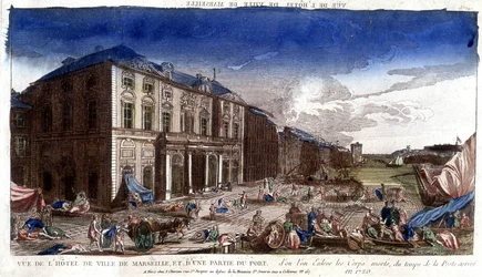 Zicht op het stadhuis van Marseille en een deel van de haven, vanwaar de dode lichamen tijdens de pest in 1720 aankwamen - gravure
