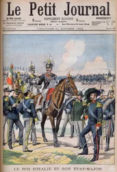 Vittorio Emanuele III di Savoia - Koning Victor Emmanuel III van Italië en zijn generale staf. De koning van Italië en zijn staf. Illustratie voor Le Petit Journal
