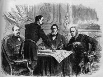 Oorlog van 1870 - Beleg van Parijs: ondertekening van de wapenstilstand tussen de Franse en Pruisische vertegenwoordigers na de overgave van Parijs, 28 januari 1871. Van links naar rechts: Otto von Bismarck (1815-1898), Horix de Valdan (1810-1883), Jules F