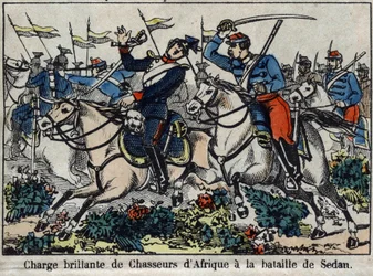 Oorlog van 1870 tussen Frankrijk en Pruisen: aanval van Afrikaanse jagers bij de Slag om Sedan in 1870. Afbeelding van Epinal