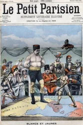 Wit en Geel (cartoon over de Russisch-Japanse oorlog: landen zoals Frankrijk, VS, China... kijken naar Japan en Rusland die boksen). Omslag Le petit Parisien van 3 april