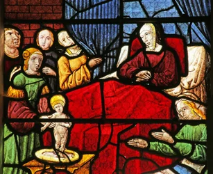 Raam met de geboorte van Sint Nicolaas