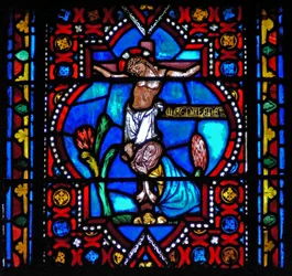Raam n1-L met een scène uit het leven van St. Maria Magdalena - de heilige aan de voet van het kruis