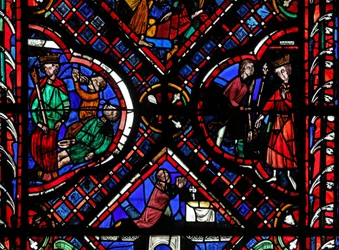Raam w03 met scènes uit de legende van St. Johannes, inclusief de heilige en de vergiftigde beker