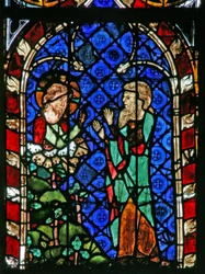 Venster w17 met God instrueert Noach om de ark te bouwen