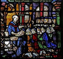 Raam w1 met de Broederschap van het Heilig Sacrament die de Communie ontvangt