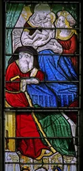 Raam w3 met een scène uit het Leven van de Maagd Maria - haar geboorte; Joachim slaapt