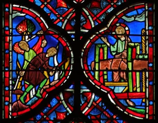 De bomen van het bos worden omgehakt met een bijl (L) Is X 33-34. Christus met de wijnpers (R) Is LXIII 1-6