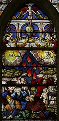 Glas-in-loodraam w7 met een scène uit het Boek der Openbaring van Johannes: sterren vallen op aarde, de zon wordt zwart en de maan als bloed