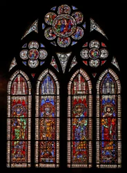 Raam w9 met Heilige Roomse Keizers: Karel Martel, Karel de Grote, Pepijn de Korte, Lodewijk de Vrome