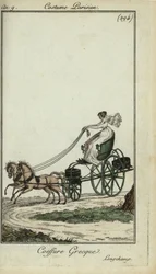 Vrouw met Grieks kapsel die een koets bestuurt bij Longchamp