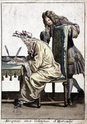Vrouw in een hemd en slaapmuts die een brief schrijft met een man, n.d. ca. 1715
