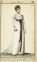 Vrouw in de mode van 1798 met kort haar onder een krans