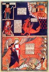 Vrouw van de Apocalyps Aangevallen door de Zevenkoppige Draak en St. Michael die de Draak Doodt, uit Liber Floridus door Lambert de Saint-Omer, c.1120