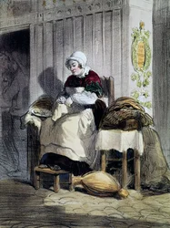 Vrouw die oesters opent, prent uit de serie Vrouwen van Parijs