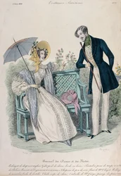 Vrouw met paraplu en man in rokjas in een tuin, modeplaat uit Journal des Dames et des Modes, 5 juni 1836
