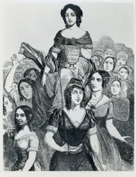 Vrouwen die Jeanne Deroin (1805-94) in Triomf dragen, uit Les Femmes Celebres, volume I, Parijs, Mazenod, 1848