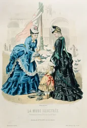 Vrouwen en een kind die de duiven voeren, uit La Mode Illustrée, 1872