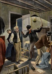 Banditisme - Een ouder echtpaar beroofd door gemaskerde indringers in hun huis in de Gers, Frankrijk. Scène van banditisme in de Gers. Illustratie voor Le Petit Journal, 26 januari 1902