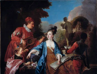 Proef het in een park. Jonge edellieden krijgen in de tuin thee geserveerd door een jonge zwarte bediende. Franse School. 18e eeuw. Zon. 1,71 x 1,32 m, Rouen, Musée des Beaux-Arts