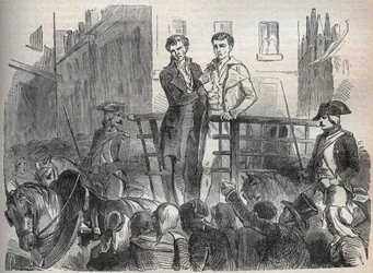 De Lyonse postaffaire: Joseph Lesurques en Couriol gaan naar de guillotine op 3 oktober 1796 (gravure in 