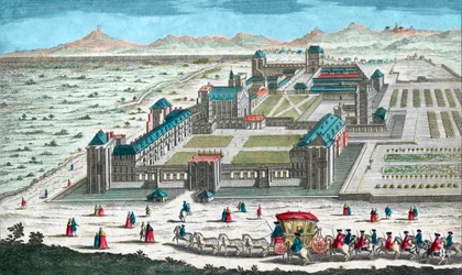 Chateau de Vincennes bij Parijs, vogelperspectief - 18e-eeuwse gravure - Perspectief van het kasteel: de tuinen, tekening door Le Notre voor Lodewijk XIV ten westen van de kerker