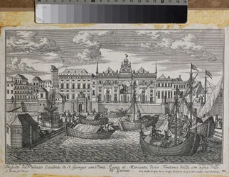 Plan van Genua met de Koninklijke Brug, de Nieuwe Brug van Mercanzia en het Paleis van St. George gezien vanaf de zee, c.1750 (gravure)