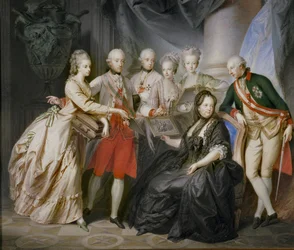 Keizerin Maria Theresia omringd door haar kinderen in weduwenkruid na de dood van haar echtgenoot, keizer Frans Stefan ... (schilderij op doek)