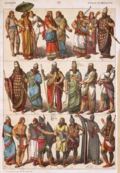 Kostuums van Assyriërs en Babyloniërs, door Friedrich Hottenroth, lithografie, Assyrisch-Babylonische beschaving