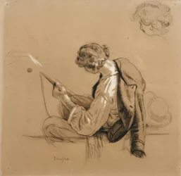 Zittende luitspeler; hoofdstudie