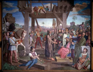 Eerste kruistocht: Voorbereidingen voor de aanval op Jeruzalem. Voorstelling van Godefroy de Bouillon, zittend voor Peter de Kluizenaar - Fresco
