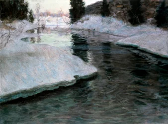 Het dooien van het ijs: de Lysaker rivier. Schilderij van Fritz Thaulow (1847-1906). Pastel op doek. Privécollectie.