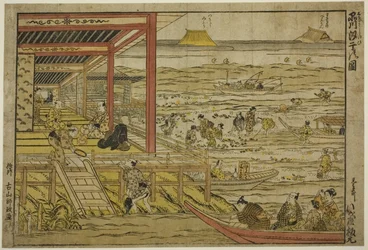 Schelpdieren verzamelen bij eb in Shinagawa (Shinagawa shiohigari no zu)