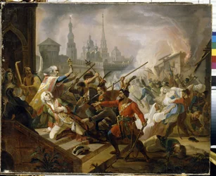 Russische Boerenoorlog van 1773-1775: de Slag bij Kazan in juli 1774, scène van de opstand van Emelian Ivanovitch Pougatchev