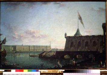 Uitzicht vanaf de Peter en Paul vesting en de paleiskade in Sint-Petersburg